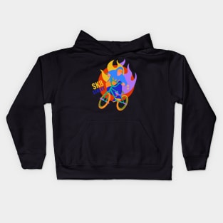 BMX rider and fire background Kids Hoodie